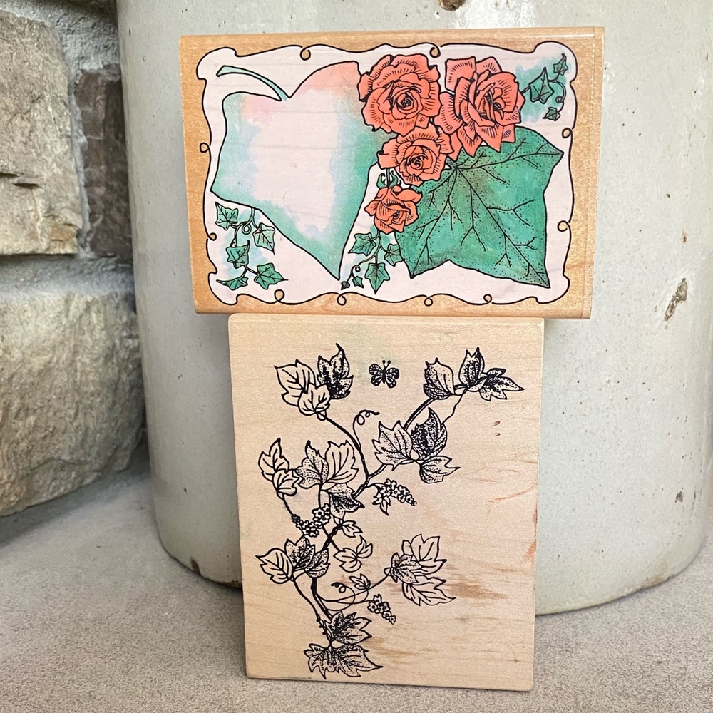 Set of 2 Wood Block Rubber Stamps Ivy Roses Vine